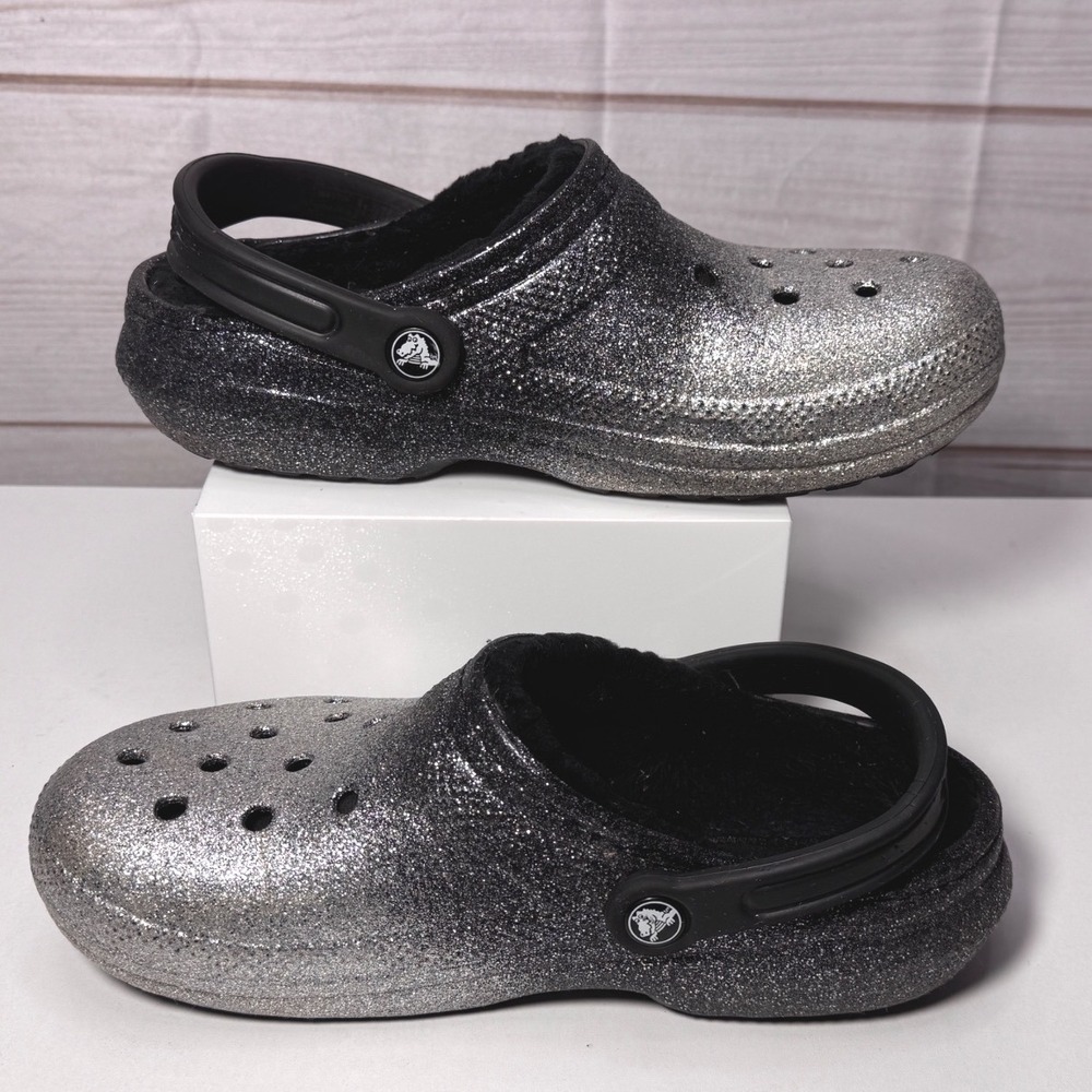 Crocs Classic Lined Clog Ombre Glitter Black Silver Sparkle Fuzzy Shoes Womens 8 - Picture 4 of 6